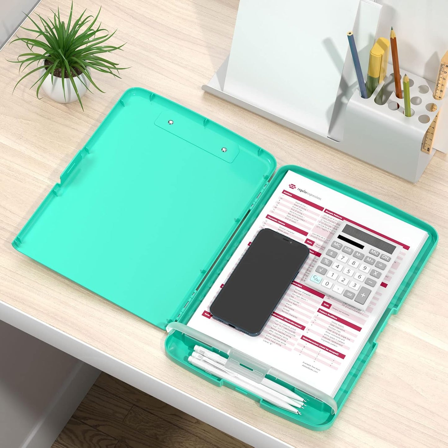 Rimilak Plastic Clipboard with Storage, 8.5 x 11 High Capacity Folio Nursing Case with Pen Holder, Size 14.2 x 9.6 x 1.2″ Folder Side-Opening for Classroom, Teacher, Smooth Writing, Dark Green