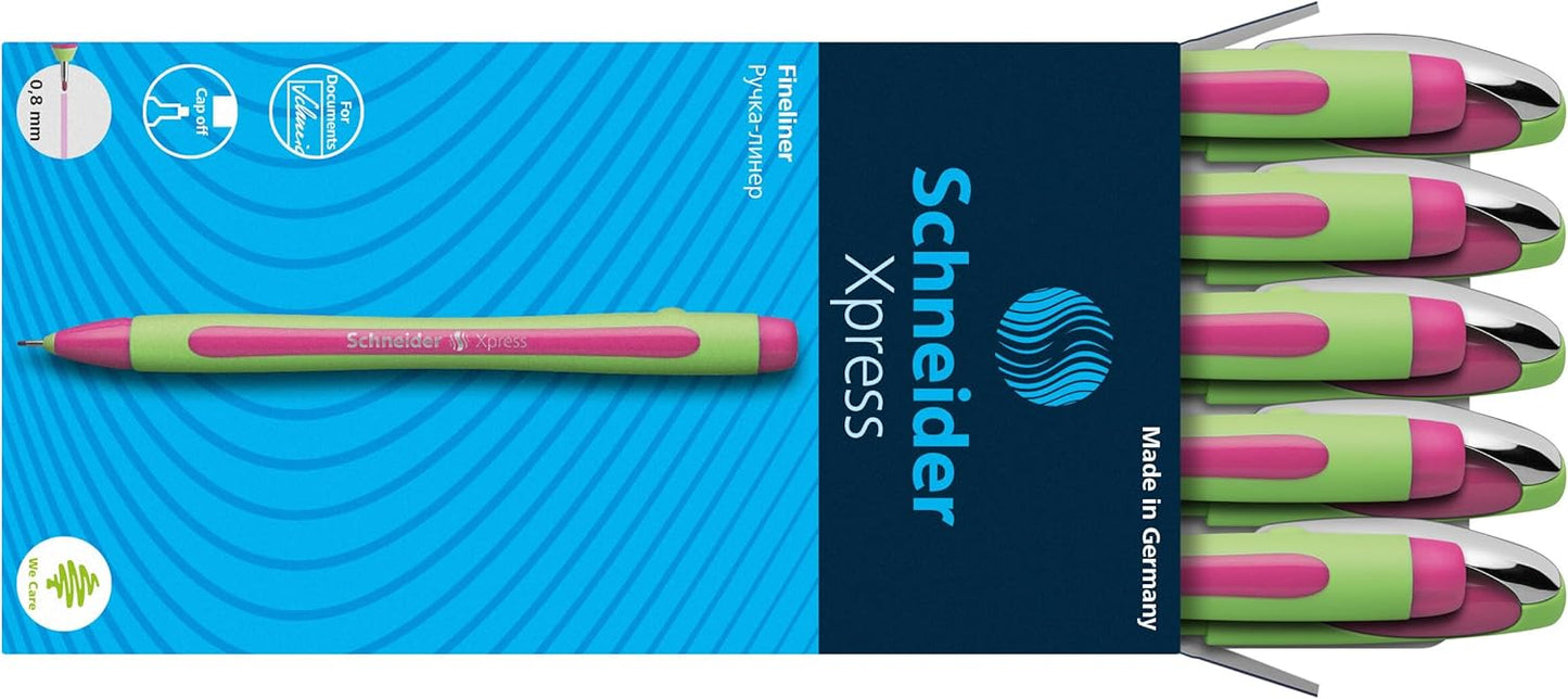 Schneider Xpress Premium Fineliner, 0.8 mm Porous Point, Light Green Barrel, Blue Ink, Box of 10 Pens (190003)