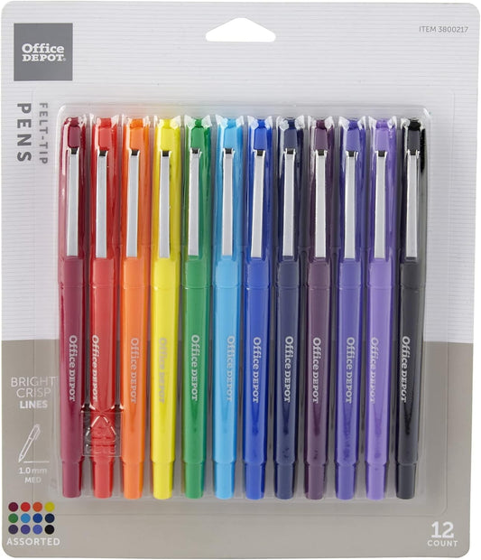 Office Depot® Brand Felt-Tip Porous Pens, Medium Point, 1.0 mm, Assorted Barrel Colors, Assorted Ink Colors, Pack Of 12