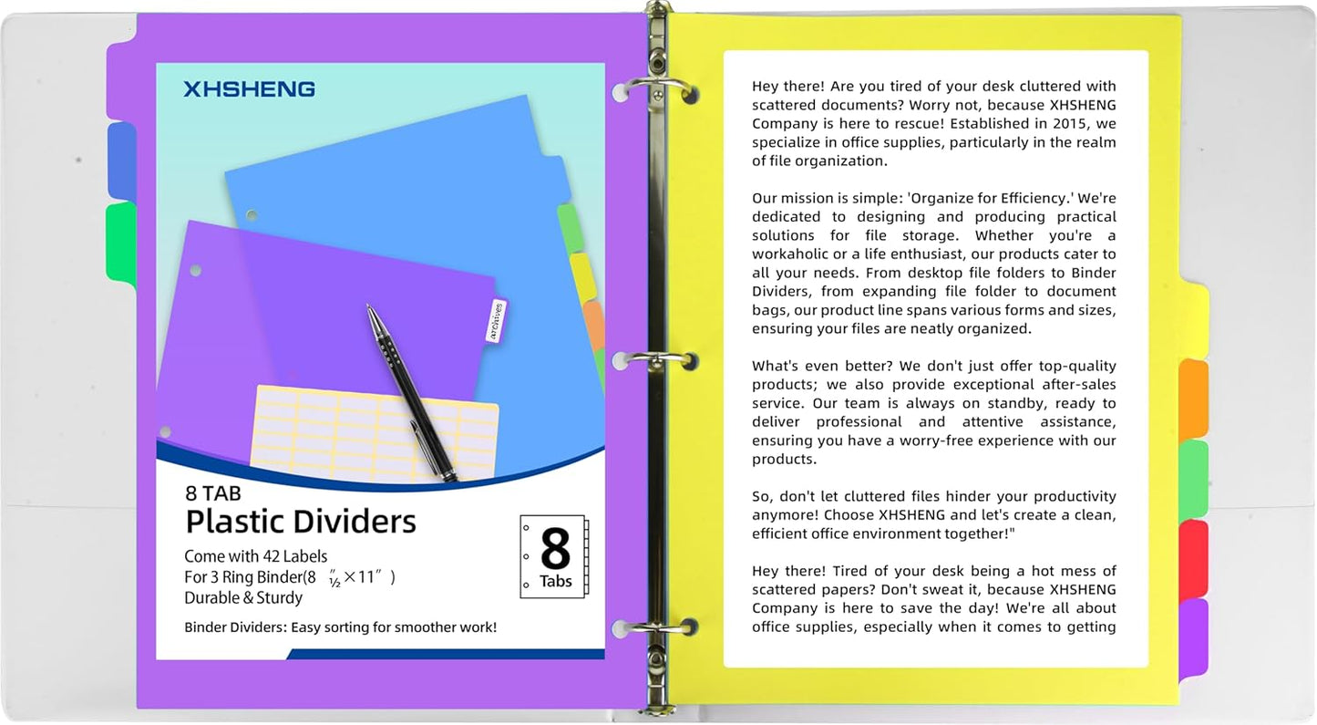 24PCS/3 Set 3-Ring Binder Dividers with Tabs,8 Tab Plastic File Dividers,Binder Separators with tabs for Office/School Supplies