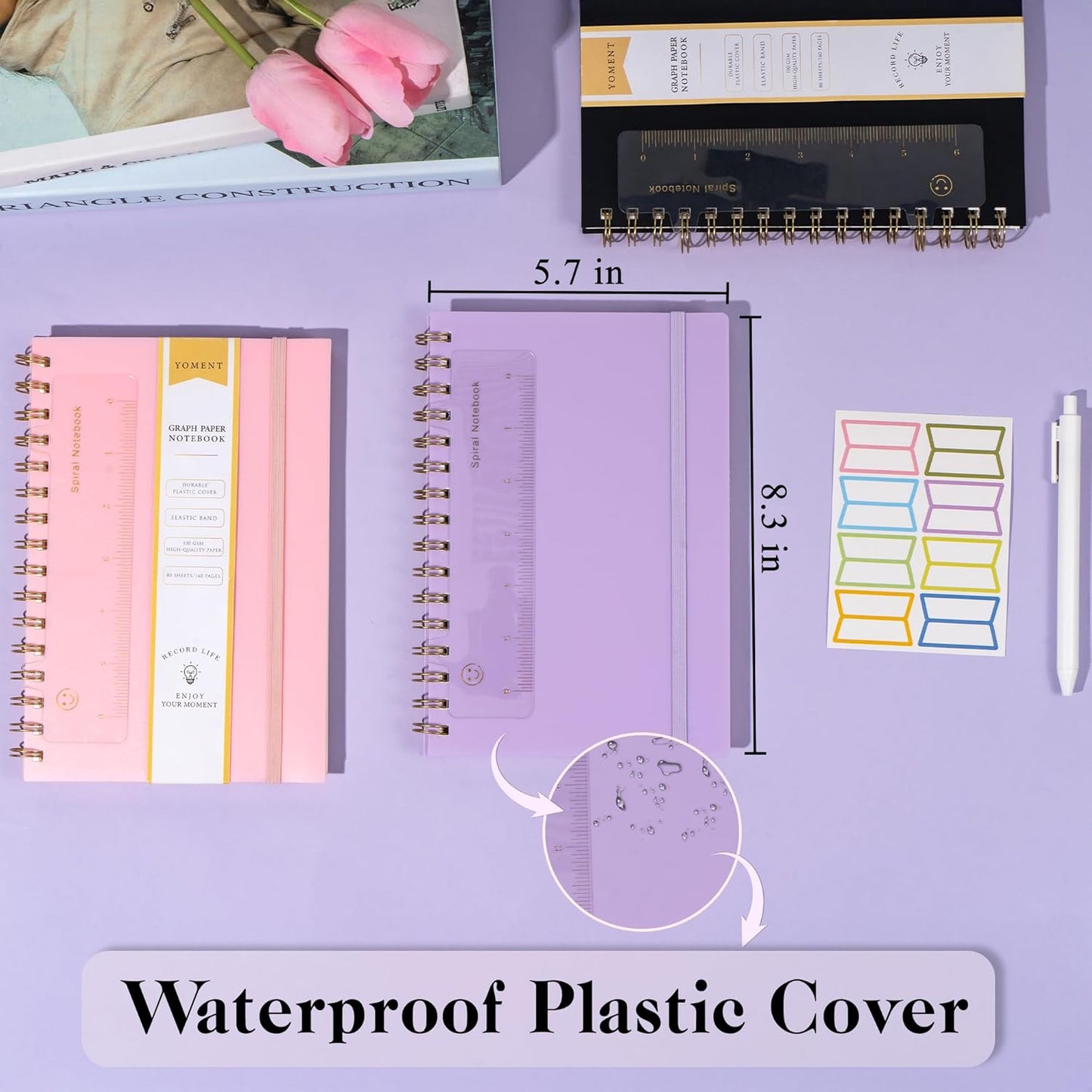Yoment Graph Paper Spiral Notebook A5 Graphing Notebook 160 Pages Graph Paper Notebook Spiral Bound Waterproof Plastic Hardcover Spiral Journal 5x7 Grid Notebooks for Note Taking,Black