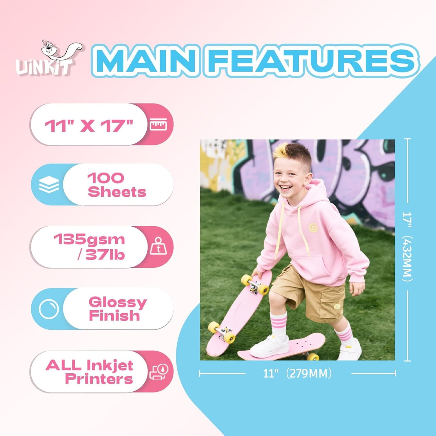 Uinkit 37lb Thin Flyer Paper Glossy 8.5x11 Inkjet 100 Sheets Single Side DIY Chip Bag 135gsm Printer Picture for Inkjet Printer with Dye Ink Letter size A4 Brochure (8.5X11X100)