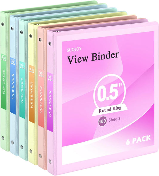 2 Inch 3-Ring Binder, 2" Round Ring Binder with 2 Inside Pockets, 6 Pack White Binders, Clear View Cover, Holds Up to 450 Sheets 8.5" x 11" Paper，Durable Binders for Office/Home/Back to School