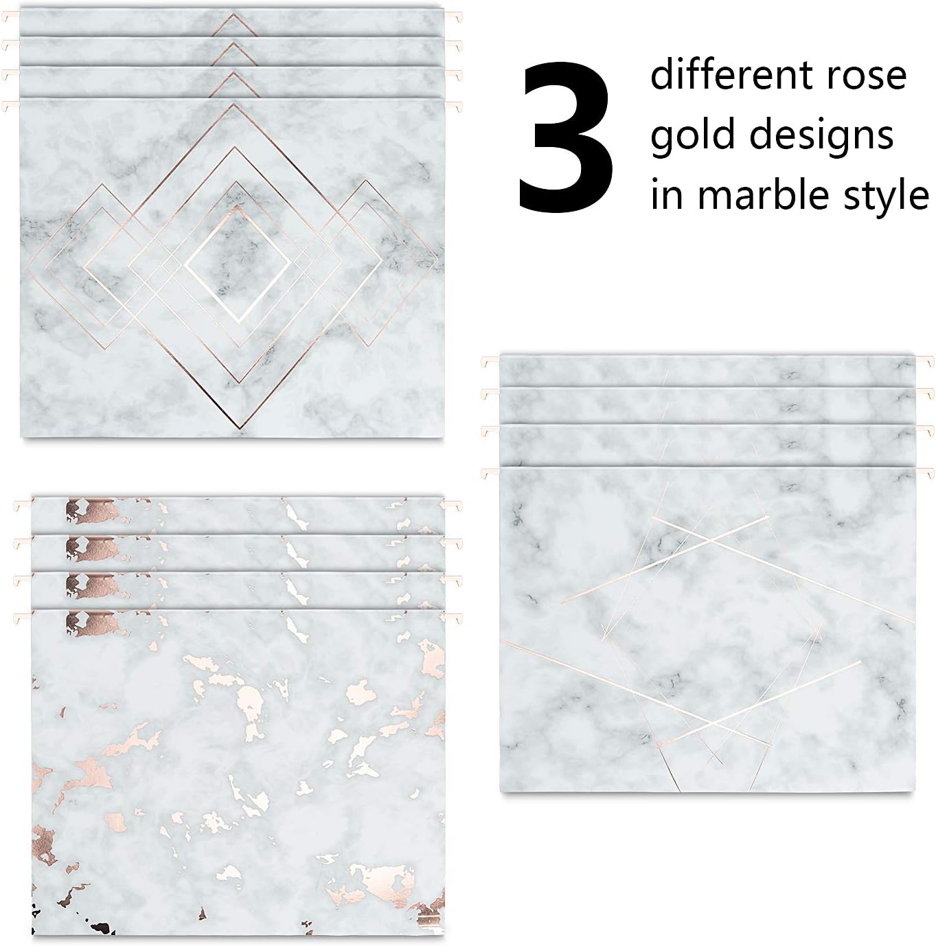 Y YOMA 12 Pack Rose Gold Hanging File Folders Letter Size Decorative File Folder Cute Pretty Hanging Folder Organizer for Filing Cabinet Office Home with 1/5-Cut Adjustable Tabs, 3 Gold Foil Design
