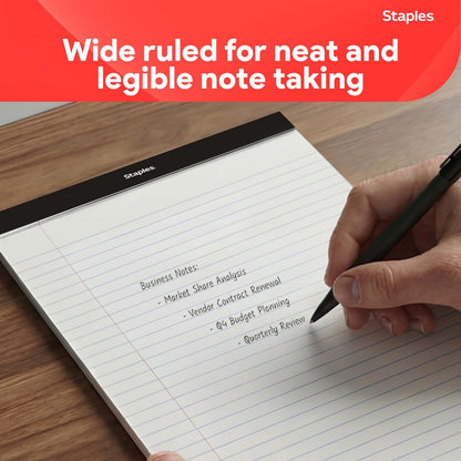 STAPLES Notepads, 8.5” x 11”, Wide Ruled, White, 50 Sheets/Pad, 12‑Pack