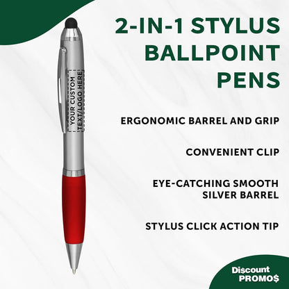 DISCOUNT PROMOS Custom Stylus Ballpoint Pens Set of 10/50/100, Personalized Bulk Pack - Black Ink, Great for Office, School, Business, Tradeshows, Events - Purple