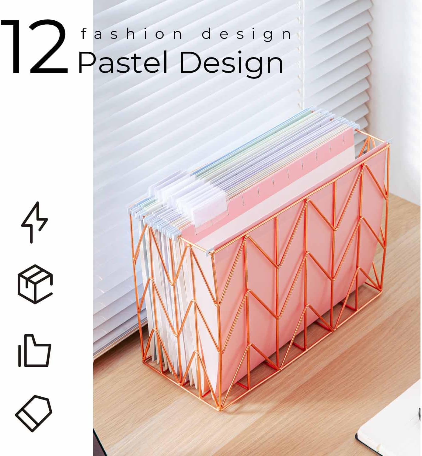Y YOMA 12 Pack Rose Gold Hanging File Folders Letter Size Decorative File Folder Cute Pretty Hanging Folder Organizer for Filing Cabinet Office Home with 1/5-Cut Adjustable Tabs, 3 Gold Foil Design