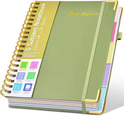 Hardcover Large Spiral Notebook 8.5" x 11" with Removable Dividers Tabs, 300 pages Leather 5 Subject Notebook College Ruled, A4 Journal for Women Men, Notebooks for Work School Note taking,Black