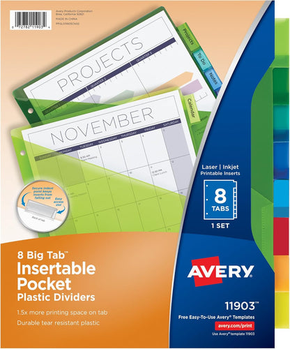 Avery Insertable Plastic Dividers for 3 Ring Binders, 8 Tabs per Set, Big Tabs, One Pocket, Multicolor Binder Dividers, Works with Sheet Protectors (24 Sets of 11903)