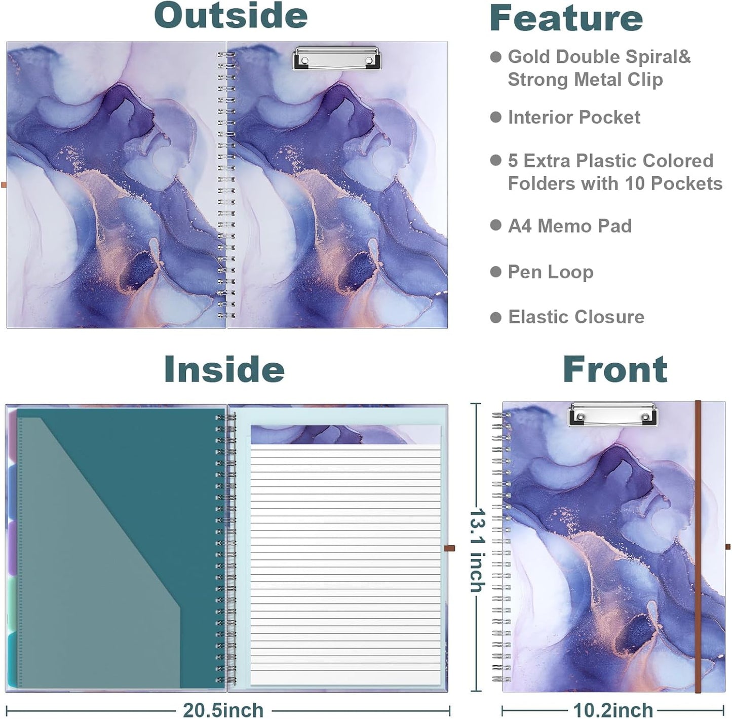 Hongri Clipboard Folio with Refillable Lined Notepad, 8.5 x 11 Folders with Storage 10 Pockets, Spiral Portfolio, Size 12.8X 9.7 in, Office & School Supplies, Skeleton