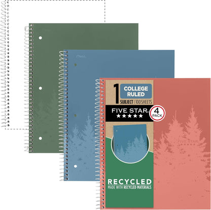 Five Star Spiral Notebook + Study App, 100 Sheets, 1 Subject, College Ruled Paper, Fights Ink Bleed, Water Resistant Cover, 820337-ECM, Purple, Pink, White & Green, 8-1/2" x 11", 4 Pack