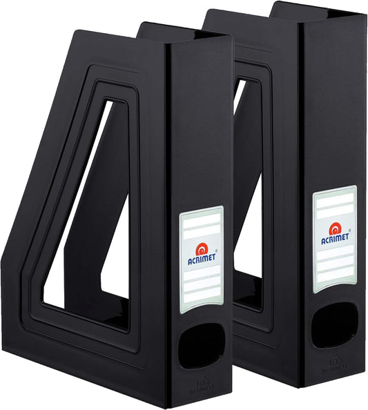 Acrimet Magazine File Holder Bin Storage, Vertical Rack for Documents, Folders and Mail, Durable Plastic Desk Organizer for Office & Home (Black Color) (2 Pack)