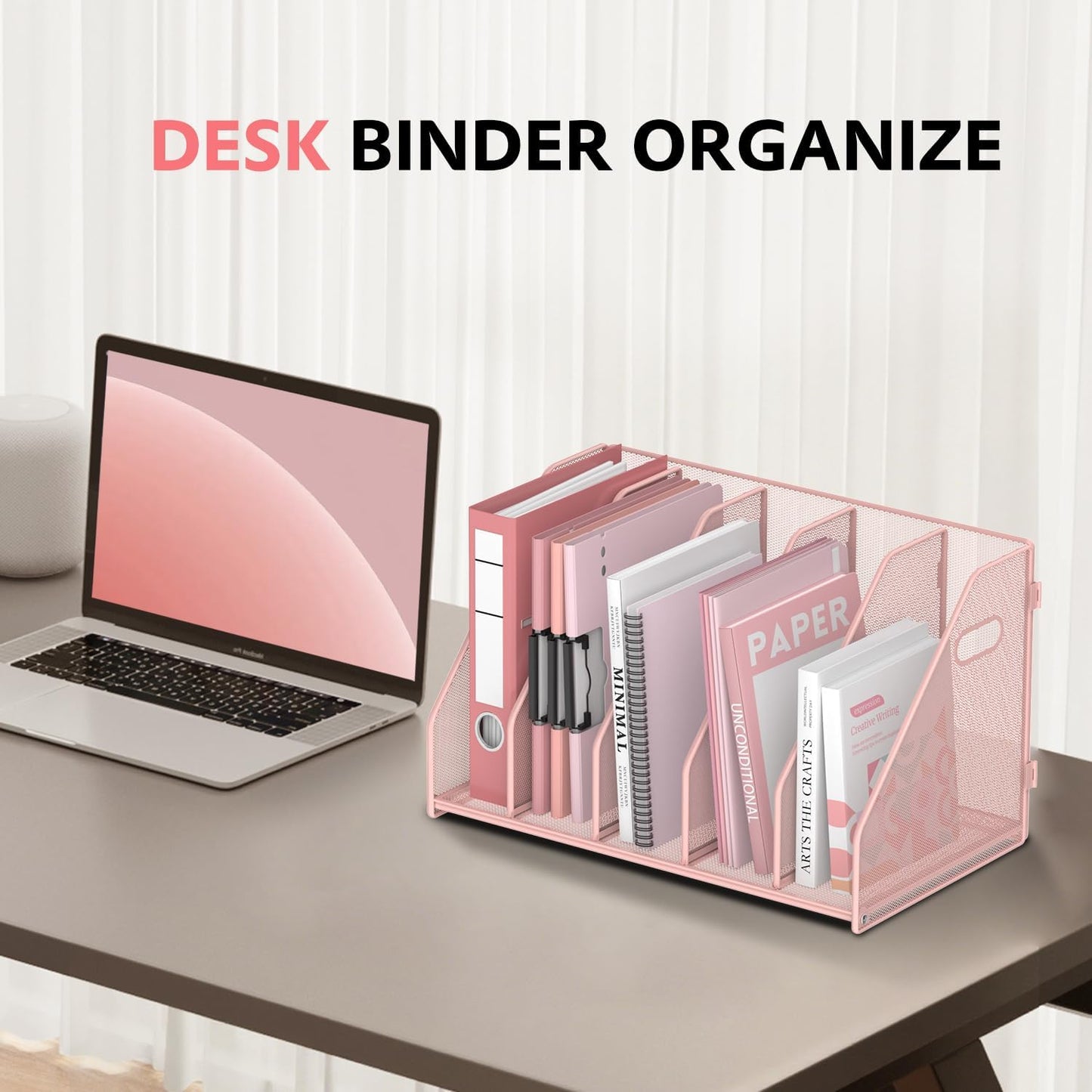 SUPEASY Binder Organizer, Magazine File Holder with 5 Vertical Compartments Rack, Metal Desk File Organizer & Binder Holders, Magazine Organizers for Office Desktop, Home, School, Classroom (Black)
