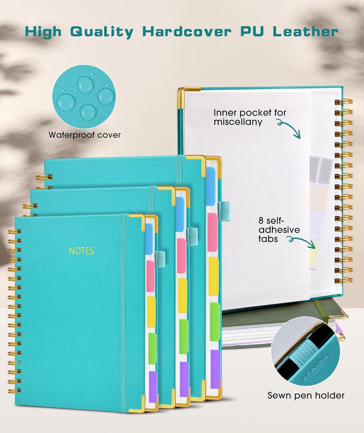 Hardcover Spiral Notebook Journal with Removable Dividers Tabs, 300 Pages Leather 5 Subject Notebook College Ruled, 8"x10" Large B5 Notebooks for Work School Note taking, Lined Journal for Women, Pink