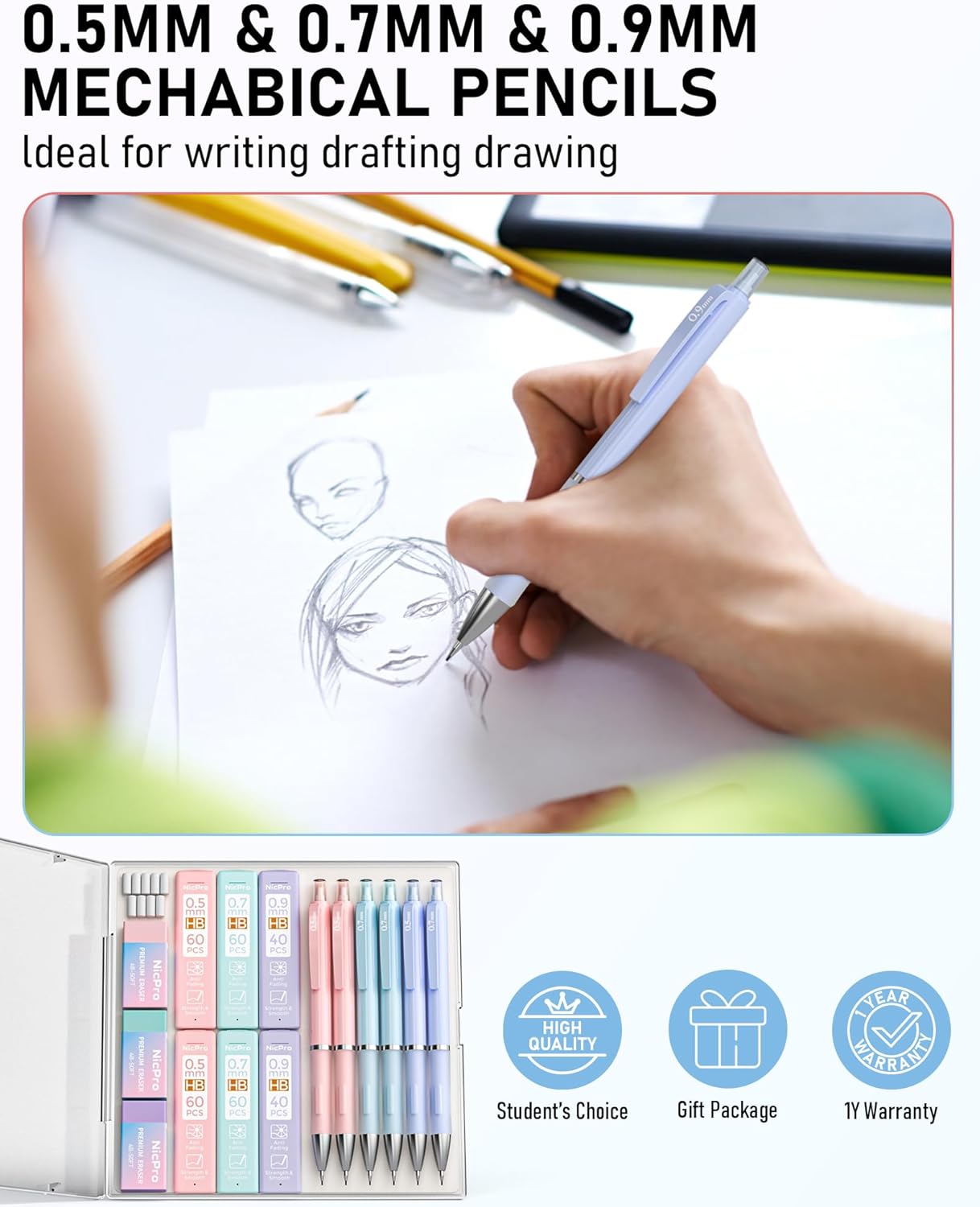 Nicpro 3PCS Cute Mechanical Pencil Set with Case, 0.7 mm Pencils with 6 Tube HB Lead Refill, 3PCS Eraser, 9PCS Eraser Refill for School Supplies Student Writing, Drafting Drawing Sketching