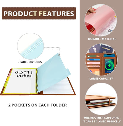 Ospelelf Clipboard with Storage for Women, Leather Padfolio Portfolio Organizer 5 Folders with 10 Pockets, Spiral Clipboard Folio with Notepad for Letter Size, Elastic Closure and Pen Loop Floral