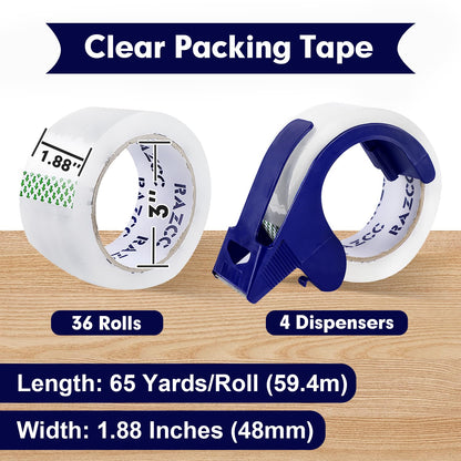 RAZCC Packing Tape, 36 Rolls Clear Heavy Duty Packaging Tape with Dispensers for Packing Shipping Moving Mailing, Thicker Sealing Tape - 1.88" x 65 Yard Per Roll, 2340 Total Yards