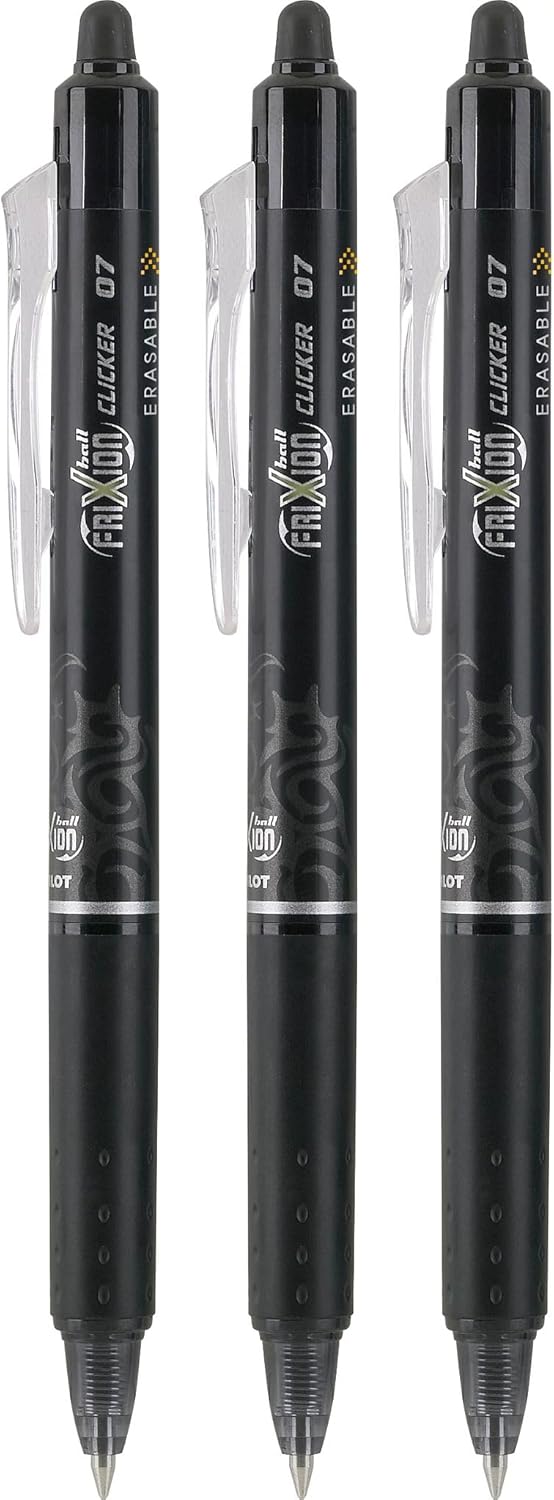 PILOT FriXion Clicker Erasable Pens, Refillable & Retractable Gel Ink Pens, Fine Point 0.7 mm, Black Ink, 3-Pack - Ideal for School, Journaling, & Office Writing