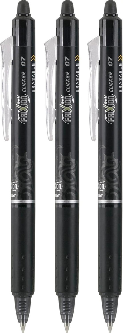 PILOT FriXion Clicker Erasable Pens, Refillable & Retractable Gel Ink Pens, Fine Point 0.7 mm, Black Ink, 3-Pack - Ideal for School, Journaling, & Office Writing