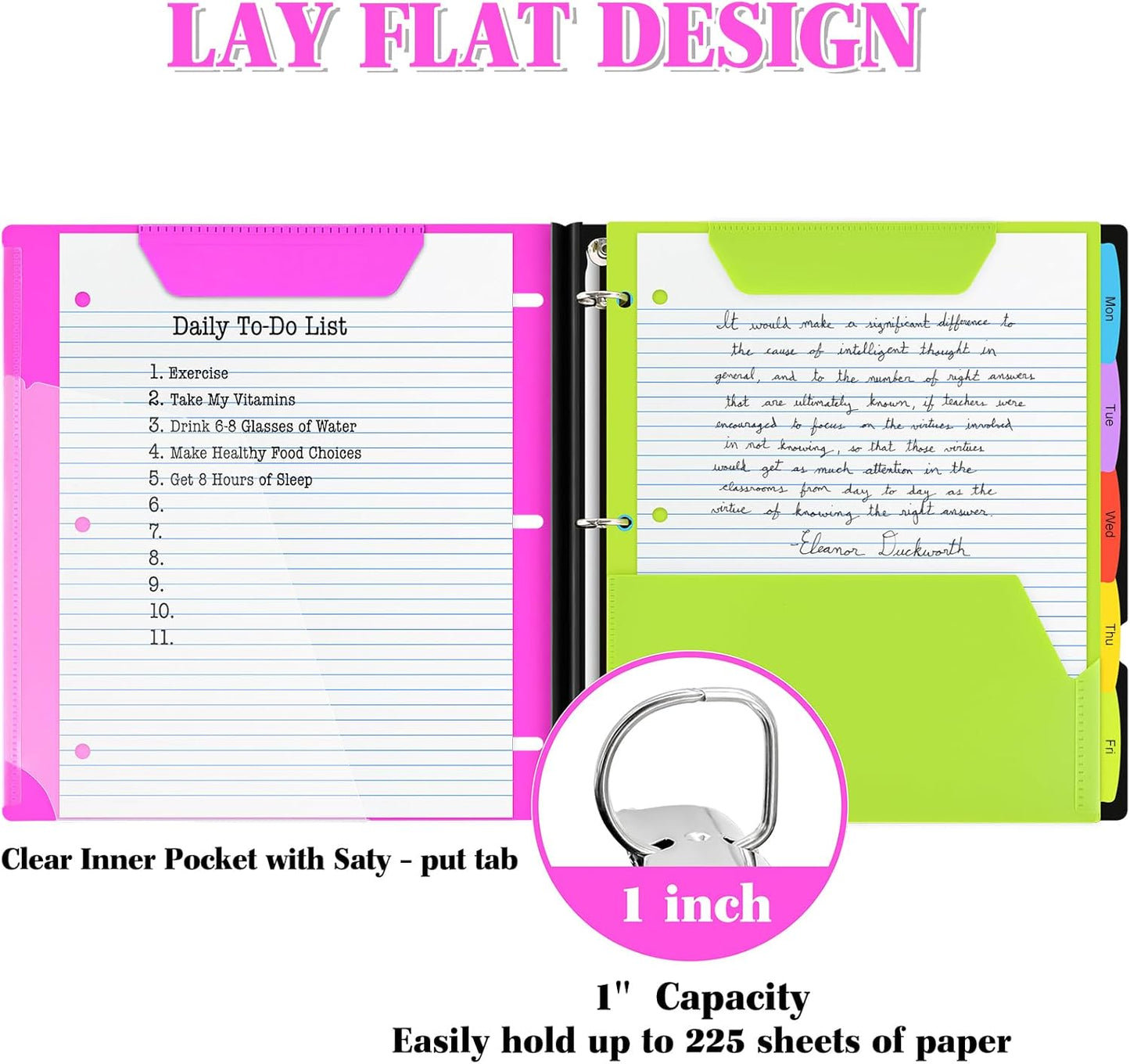 INFUN Telescoping 3 Ring Binder - 4PCS, Portable Plastic 3 Ring Binder with Telescoping Spine, Binders with Foldable Front Cover Holds 8.5"x11" Paper for School, Office, Homes