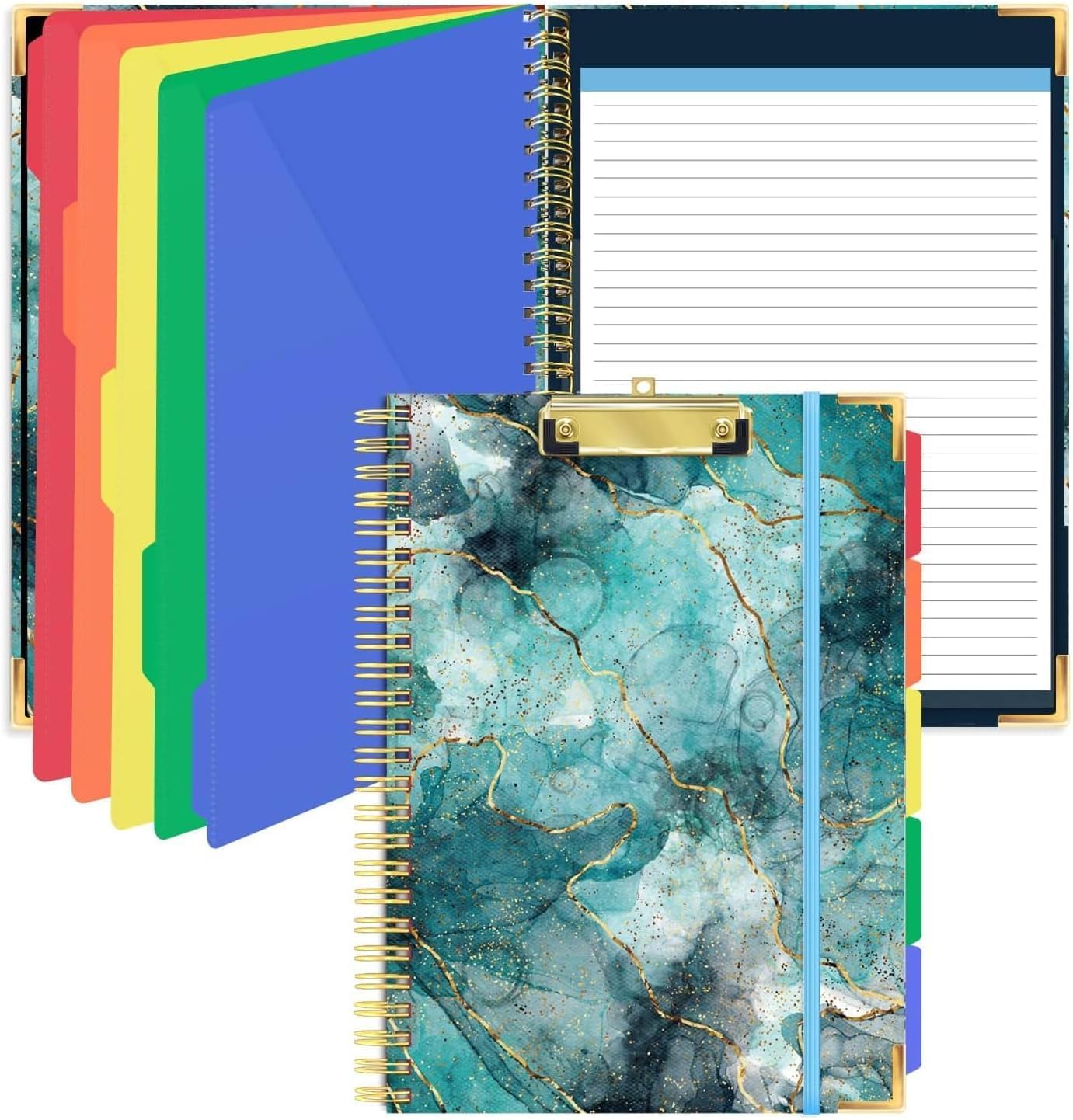 Clipboard Folio with Refillable Notepads, Marble Clipfolio with 5 Dividers with 10 Pockets, Spiral Clipboard Folder Design for School, Office, Work, Teacher, Students, Nurses (Green, 9.4 x 12.8)
