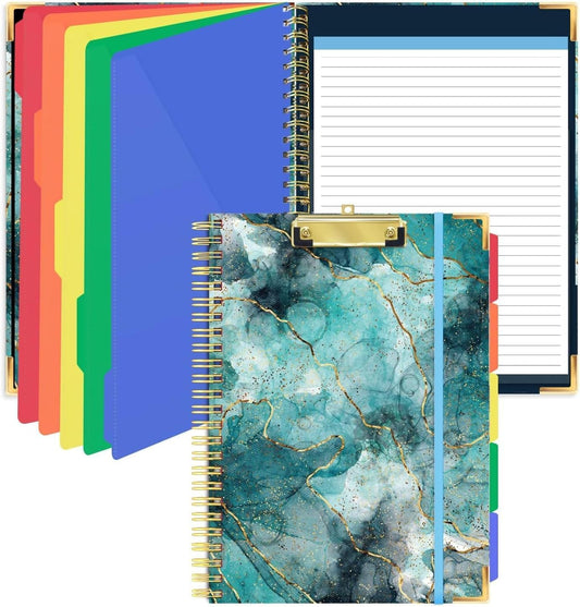 Clipboard Folio with Refillable Notepads, Marble Clipfolio with 5 Dividers with 10 Pockets, Spiral Clipboard Folder Design for School, Office, Work, Teacher, Students, Nurses (Green, 9.4 x 12.8)
