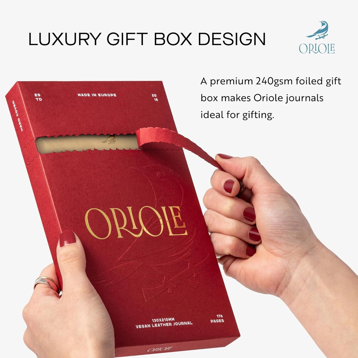 Oriole Vegan Leather Ruled Notebook - Chestnut Brown | 176 Pages of Thick Lined Paper | Soft Touch Hardcover Journal (5 x 8 in) with Gold Foil Bird Design & Luxury Gift Box