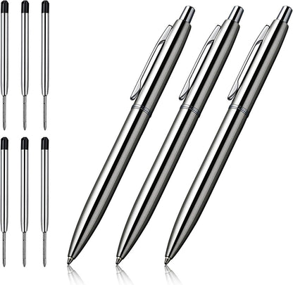 ChaoQ 3 Pcs Retractable Metal Ballpoint Pens, for Gift, Business, Office, 1.0mm Medium Point Black Ink, 6 Extras Replaceable Metal Refills - Stainess Steel