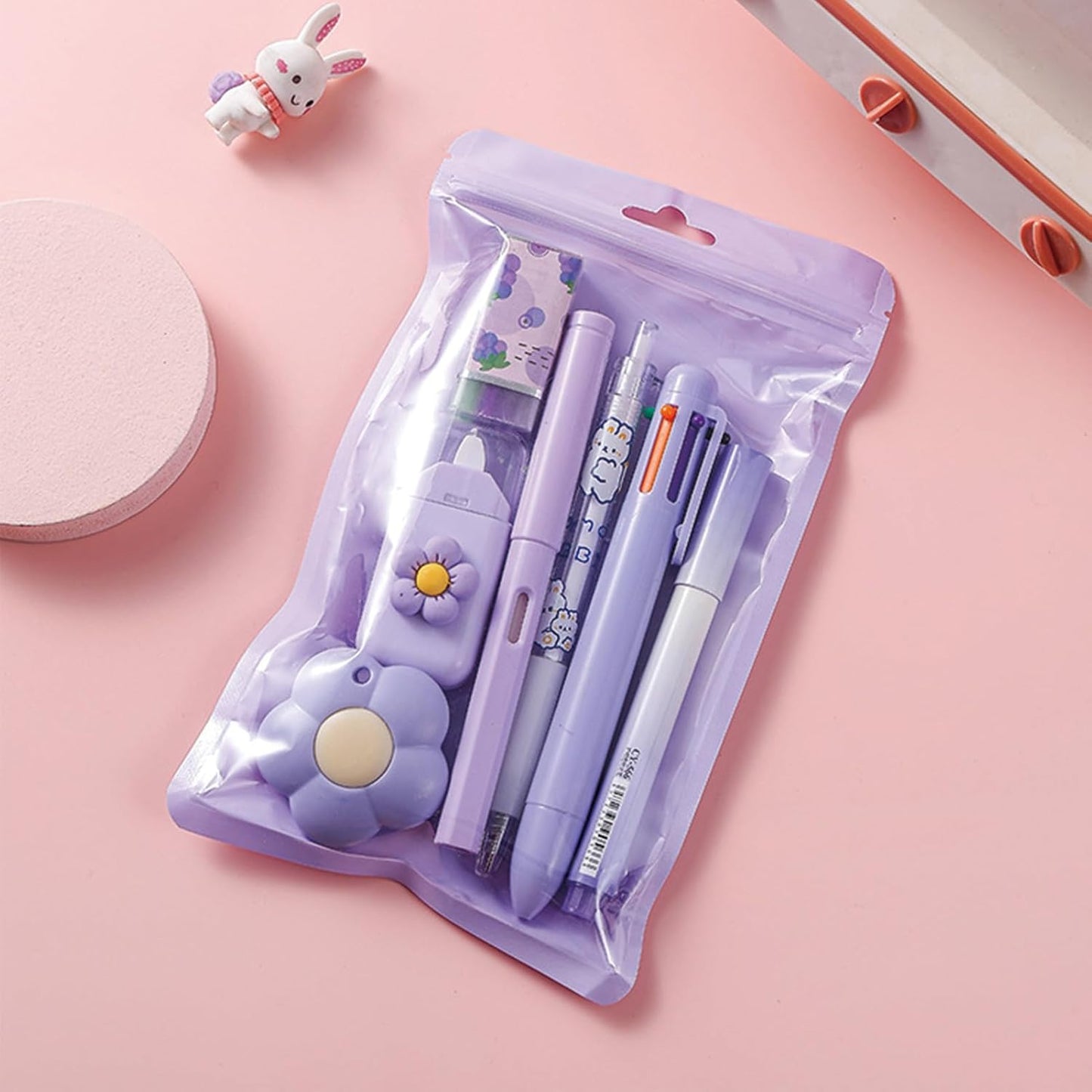 7 Pcs Cute Blue Stationery Set Kawaii School Supplies Office Supplies Including Ballpoint Pens Pencil Sharpener Highlighter Correction Tape Ruler Utility Knife (Blue)