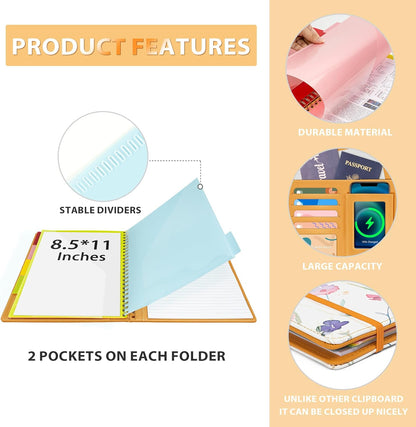 Ospelelf Clipboard with Storage for Women, Leather Padfolio Portfolio Organizer 5 Folders with 10 Pockets, Spiral Clipboard Folio with Notepad for Letter Size, Elastic Closure and Pen Loop Floral