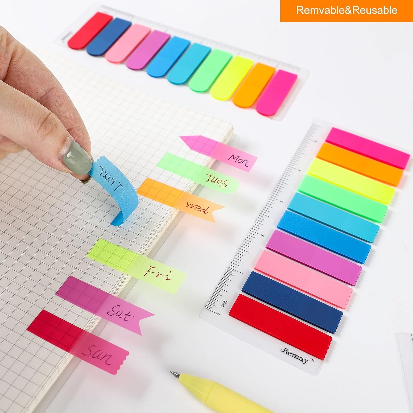 2000pcs Neon Page Markers Sticky Tabs, 10 Bright Colors & 5 Shapes Translucent Writable Flags, Index Tabs for Books/Notebooks/Office, with 5.5" Ruler (Arrow/Wave/Semicircle)