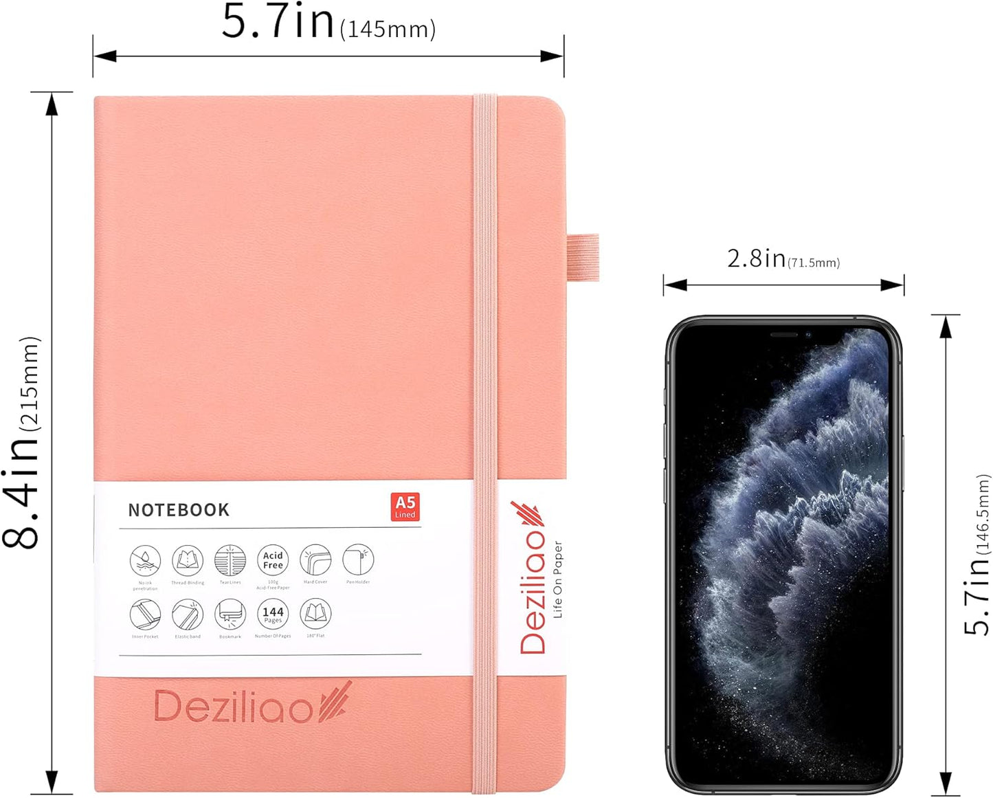 Deziliao Lined Journal Notebooks with Pen Loop, Hardcover Notebook Journal for Work, 100Gsm Premium Thick Paper with Inner Pocket, Medium 5.7"x8.4", （Black, Ruled）