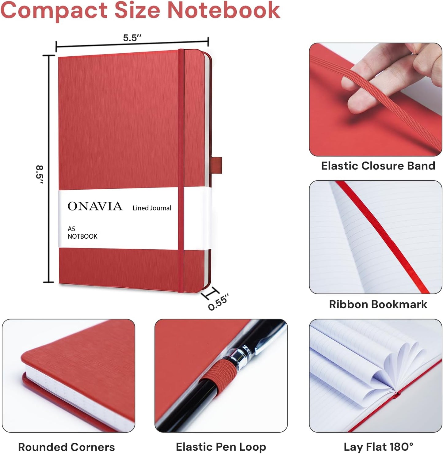 ONAVIA A5 College Ruled Notebook 3 Pack, Hardcover Lined Journals for School Notes, Study, Homework, Class Writing and Journaling, 160 Pages (80 Sheets), 5.8 x 8.3 in, Pink