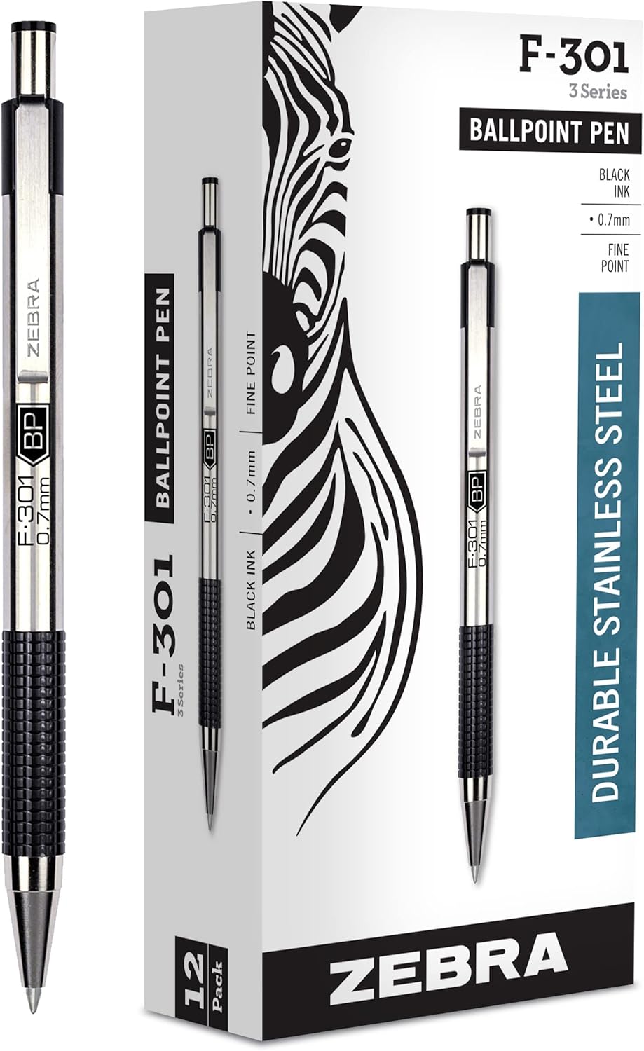 Zebra Pen F-301 Ballpoint Black, Blue, Red and Green Ink, Fine Point 0.7mm Pen, Easy-Glide Ink, Stainless Steel Retractable, Non-Slip Grip, Professional Design, Ideal for Office, 4-Pack (27174)