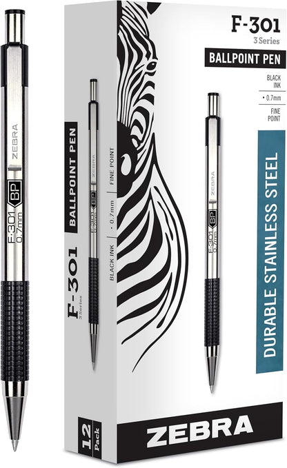 Zebra Pen F-301 Ballpoint Black, Blue, Red and Green Ink, Fine Point 0.7mm Pen, Easy-Glide Ink, Stainless Steel Retractable, Non-Slip Grip, Professional Design, Ideal for Office, 4-Pack (27174)