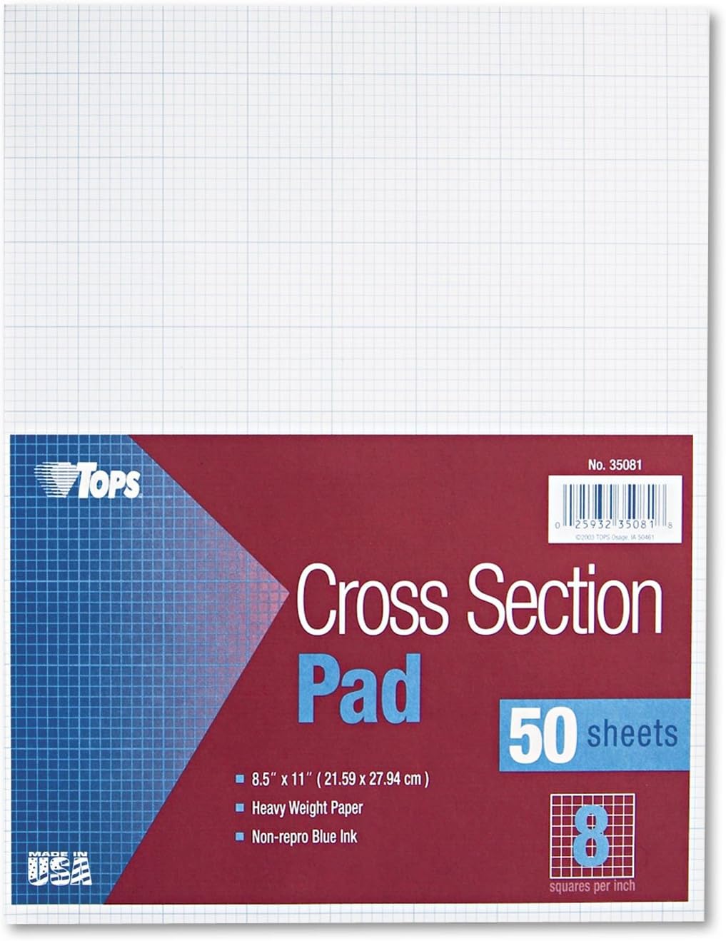 TOPS Cross-Section Pads, 8-1/2" x 11", Glue Top, Graph Rule (10 x 10), 50 Sheets (35101)