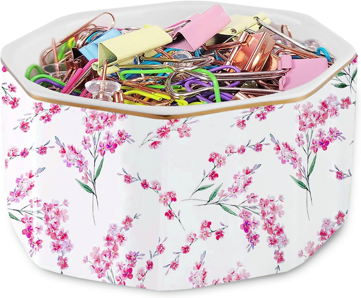 Paper Clip Holder Ceramic Paper Clip Holders Garden Floral Paperclips Holder Dispenser Cute Gold Line Paper Clip Organizer for Desk Binder Clip Holder Bobby Pin Hair Gift for Office Mint Flowers