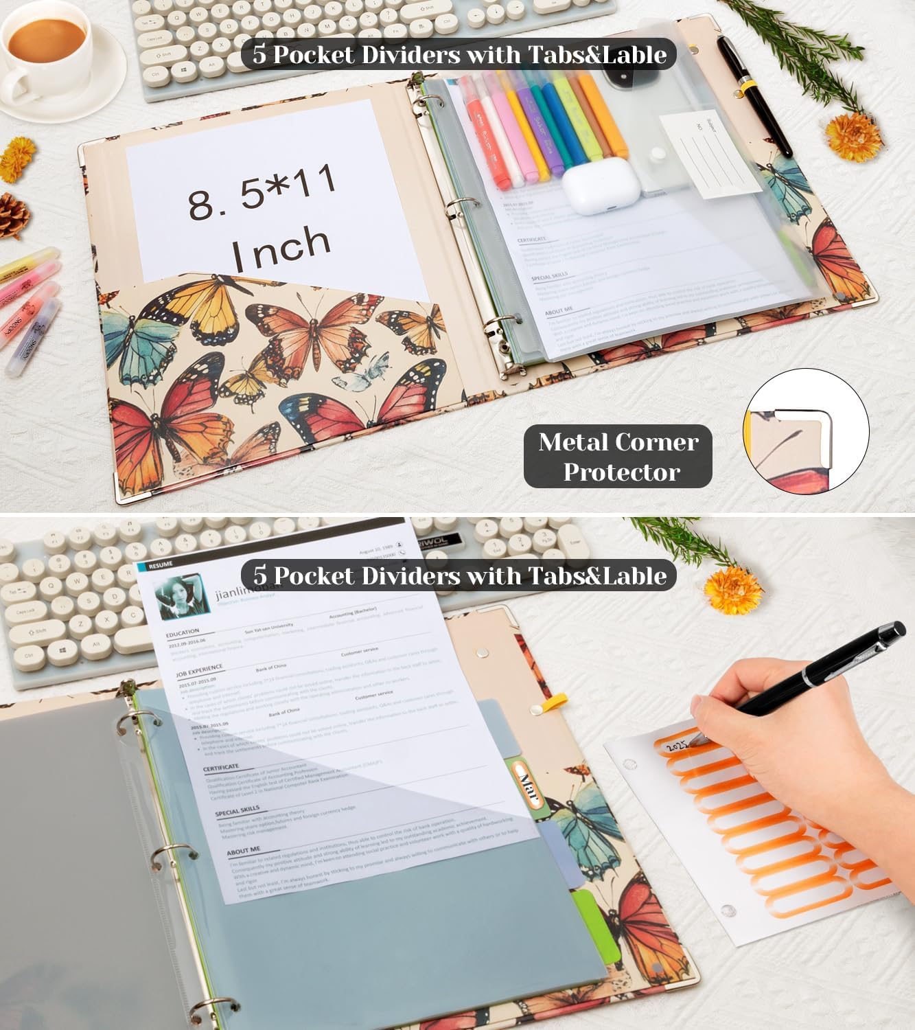 3 Ring Binder 1 Inch, Three Ring Binders Organizer with Clipboard, 5-Tabs Pockets Dividers, Plastic Folder, 18 Divider Stikers, BVSSX Pretty Binder with Pen Loop (Black Weeds, Letter Size)
