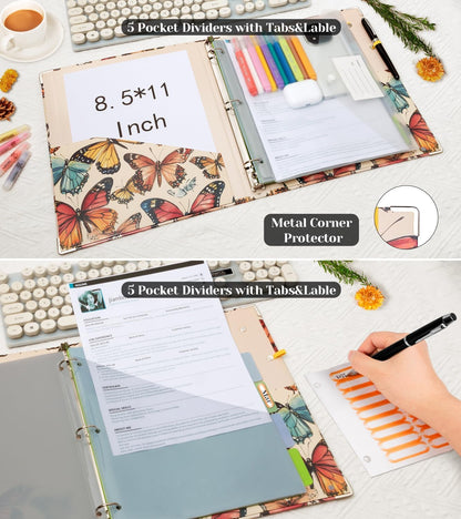 3 Ring Binder 1 Inch, Three Ring Binders Organizer with Clipboard, 5-Tabs Pockets Dividers, Plastic Folder, 18 Divider Stikers, BVSSX Pretty Binder with Pen Loop (Black Weeds, Letter Size)