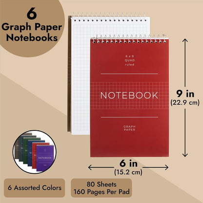 Juvale 6 Pack Quad Ruled 6x9 Inch Top Bound Spiral Graph Paper Notebook - 80 Sheets / 160 Writable Page Steno Notepads for Writing, Sketching, Drawing, School Supplies (6 Colors)