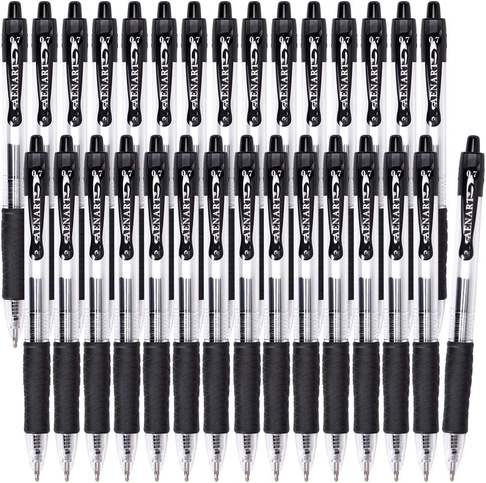 Aen Art Gel Pens Black 0.7mm Fine Point 30 Retractable Gel Ink Pens with Rubber Grip - Quick Dry Roller Pen for Writing, Office, School