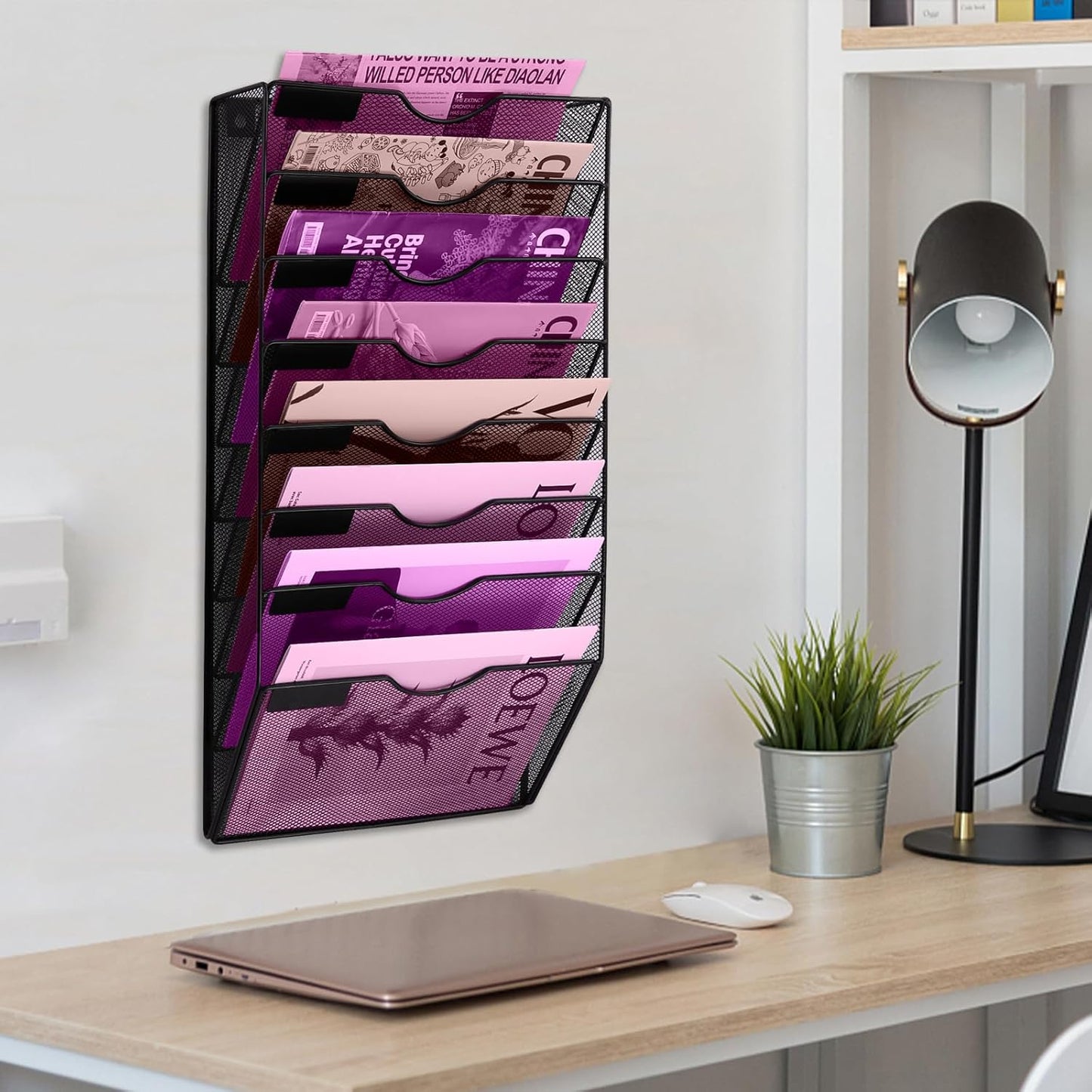 1 Pocket Mesh Wall File Holder Organizer Office Hanging File Folder Magazine Rack, Nametag Label Hooks Set Included (Black)
