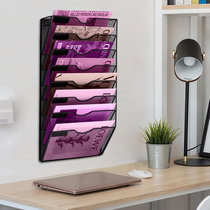 1 Pocket Mesh Wall File Holder Organizer Office Hanging File Folder Magazine Rack, Nametag Label Hooks Set Included (Black)