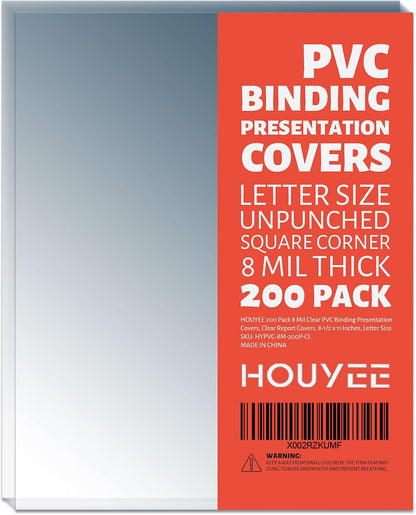 HOUYEE 100 Pack10 Mil Clear Binding Presentation Covers, PVC Report Cover Sheets for Binding, Square Corner, 8.5 x11 Inches, Letter Size