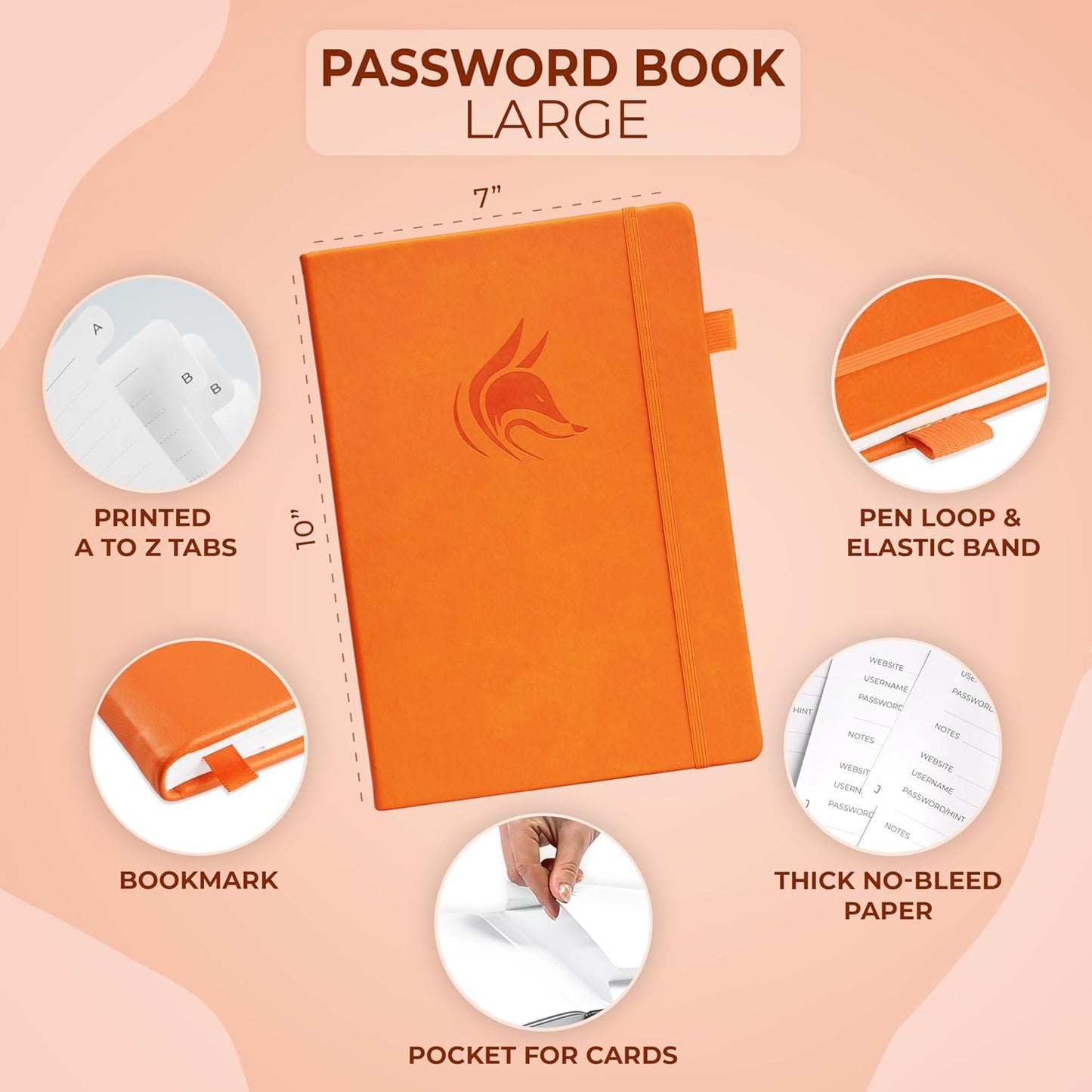 Clever Fox Password Book with alphabetical tabs. Internet Address Organizer Logbook. Small Pocket Password Keeper for Website Logins (Orange)
