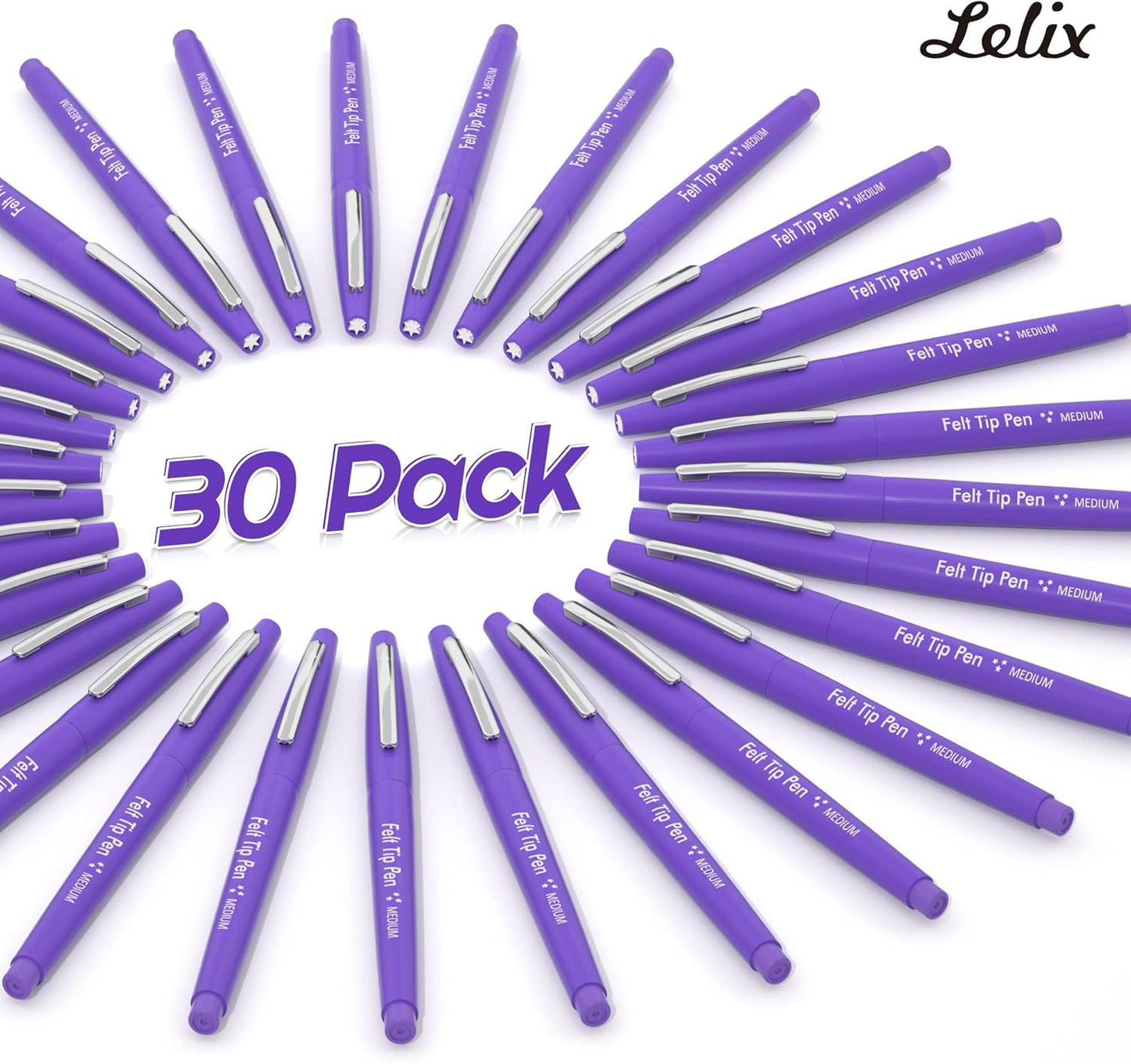 Lelix Felt Tip Pens, 30 Black Pack, 0.7mm Medium Point, Felt Tip Markers Pens for Journaling, Writing, Note Taking, Planner, Perfect for School Office and Art Supplies