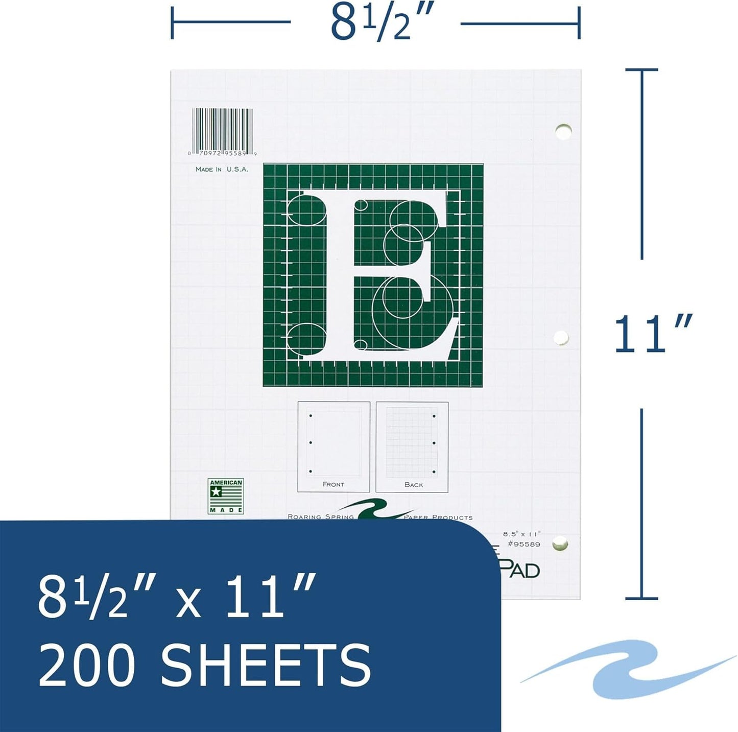 ROARING SPRING Graph Ruled Engineering Pad, Engineering Graph Paper Pad, 5x5 Enclosed Grid, 8.5" x 11", 100 Sheets, 3 Hole Punched, Buff Tinted Sheets, Made in USA