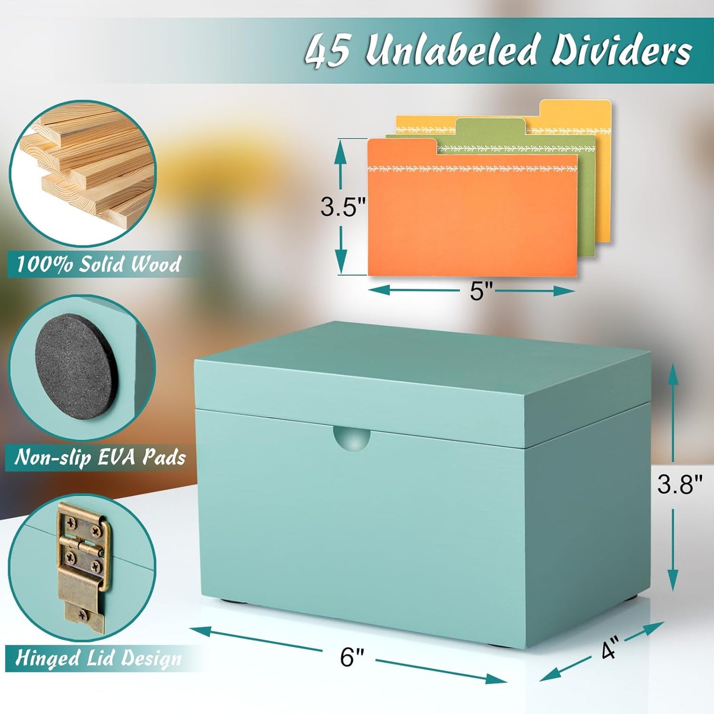DRASTAR Index Card Holder, 3x5 Index Card Box, Wooden Index Card Organizer with 45 Dividers, Flashcard Notecard Holders for Home Office, Brown