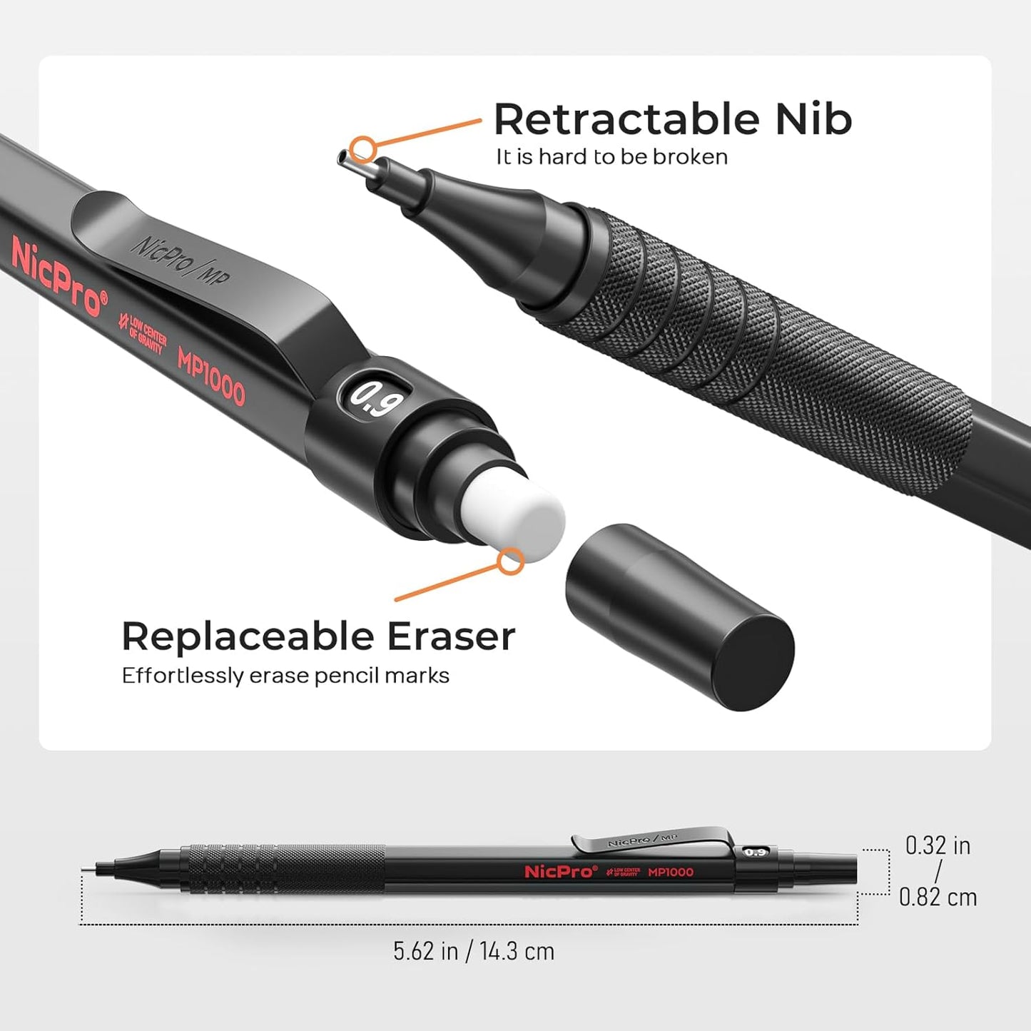 Nicpro 0.5 mm Mechanical Pencils Set with Case, 3 Metal Artist Pencil With 480PCS HB Lead Refills, 3 Erasers,9 Eraser Refills For Architect Art Writing Drafting, Drawing, Engineering, Sketching, Black
