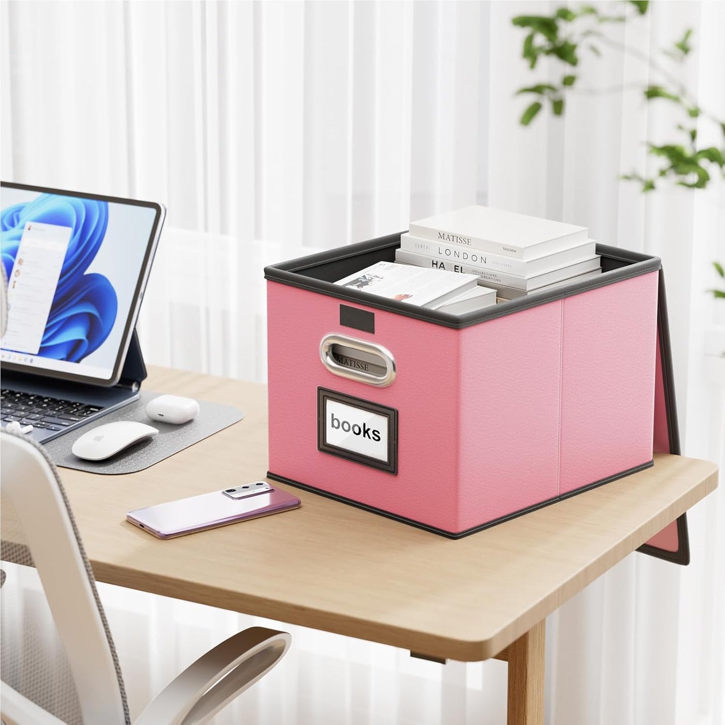 Huolewa Upgraded Portable File Organizer Box with Lid, Collapsible Linen Hanging Filing Storage Boxes with Plastic Slides, Decorative Home/Office Filing System Box for File and Folders Storage (Gray)